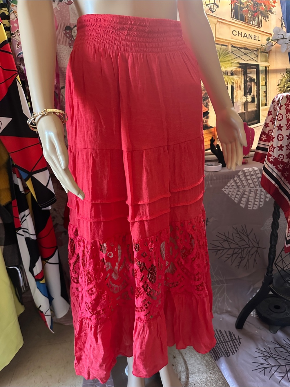Red Tiered Lace-Trim Maxi Skirt